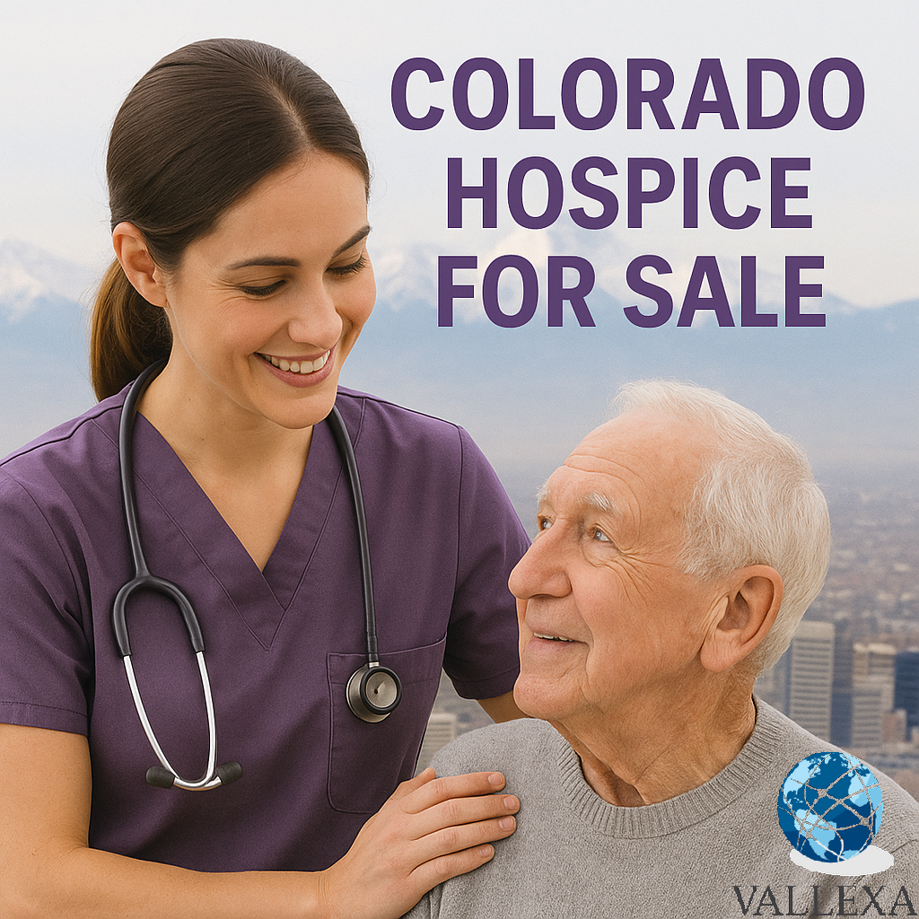 A hospice nurse in purple scrubs gently supports and smiles at an elderly male patient, with the Denver skyline and snow-covered Rocky Mountains in the background. Text overlay reads "Colorado Hospice For Sale."