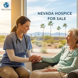 Compassionate hospice nurse caring for an elderly patient in Henderson, Nevada, with desert mountains and palm trees in the background.