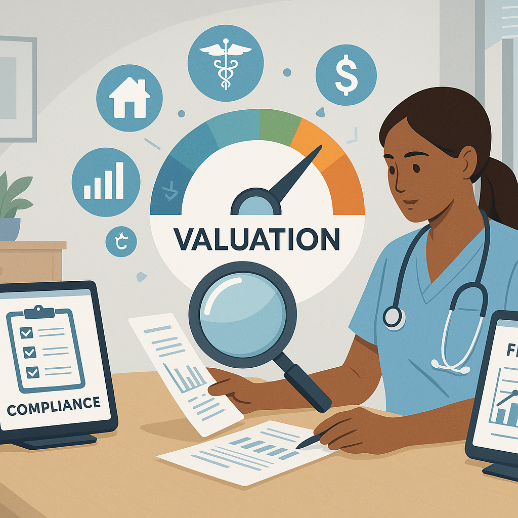 Advisor guiding a home healthcare agency owner through the valuation process with financial charts and patient care imagery.