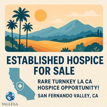 California hospice for sale in San Fernando Valley with palm trees, sunset, and healthcare theme