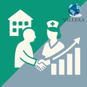 Vallexa Advisors illustration for selling a senior healthcare business, showing a facility silhouette, handshake and upward bar chart